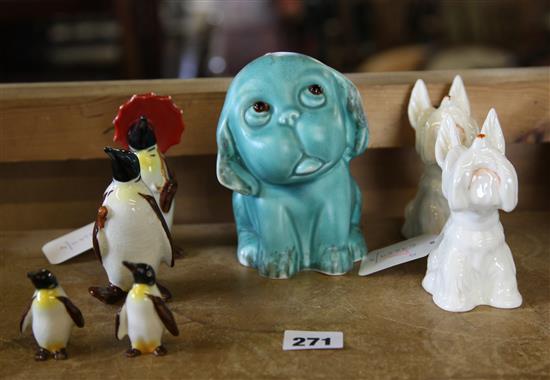 Crown Devon comic dog, Two Beswick terriors with ladybirds & a four-piece penguin family (one chick a.f)